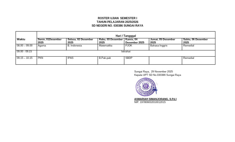 Roster Ujian Semester I SD 2025/2026 | PDF