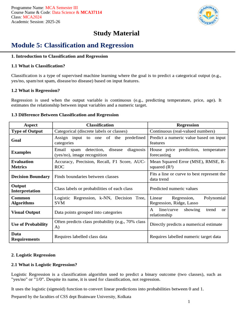 Module - 5 - Classification and Regression | PDF | Statistical ...