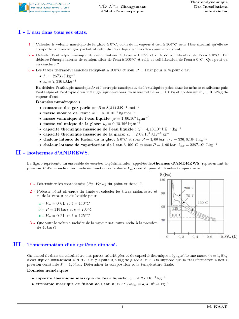 Changement d'état de l'eau en thermodynamique | PDF | Enthalpie de ...