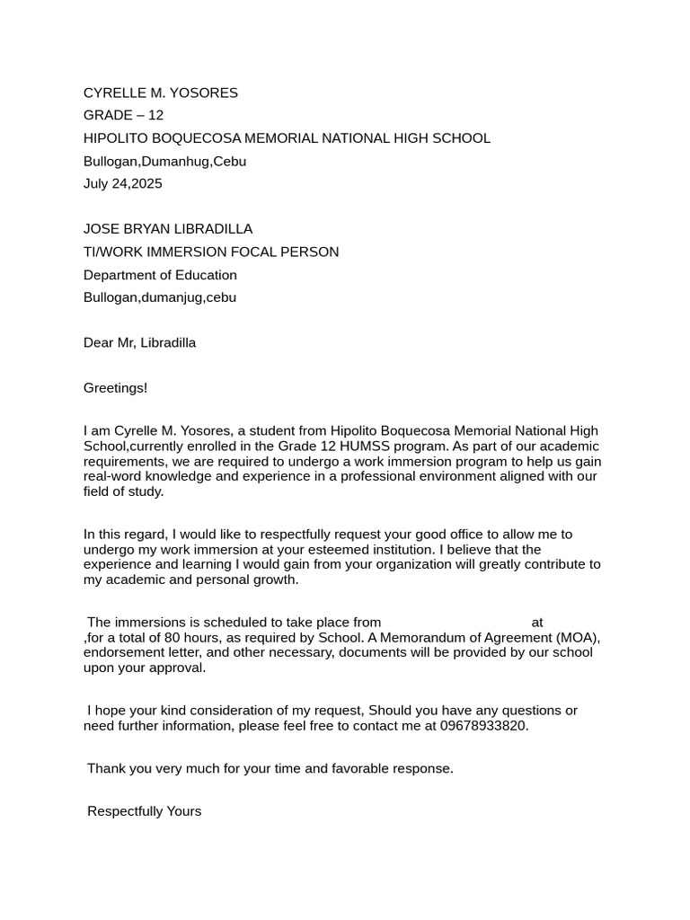 Work Immersion Request Letter | PDF
