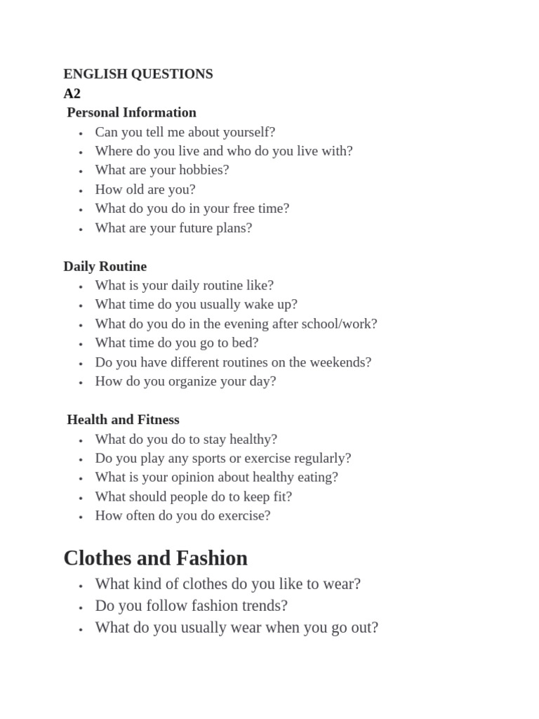 A2 English Questions for Daily Life Topics | PDF