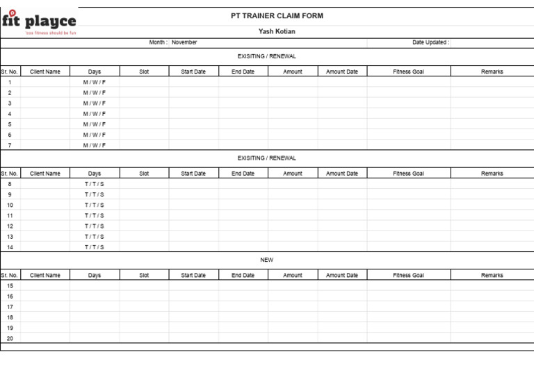 PT Trainer Claim Form Template | PDF