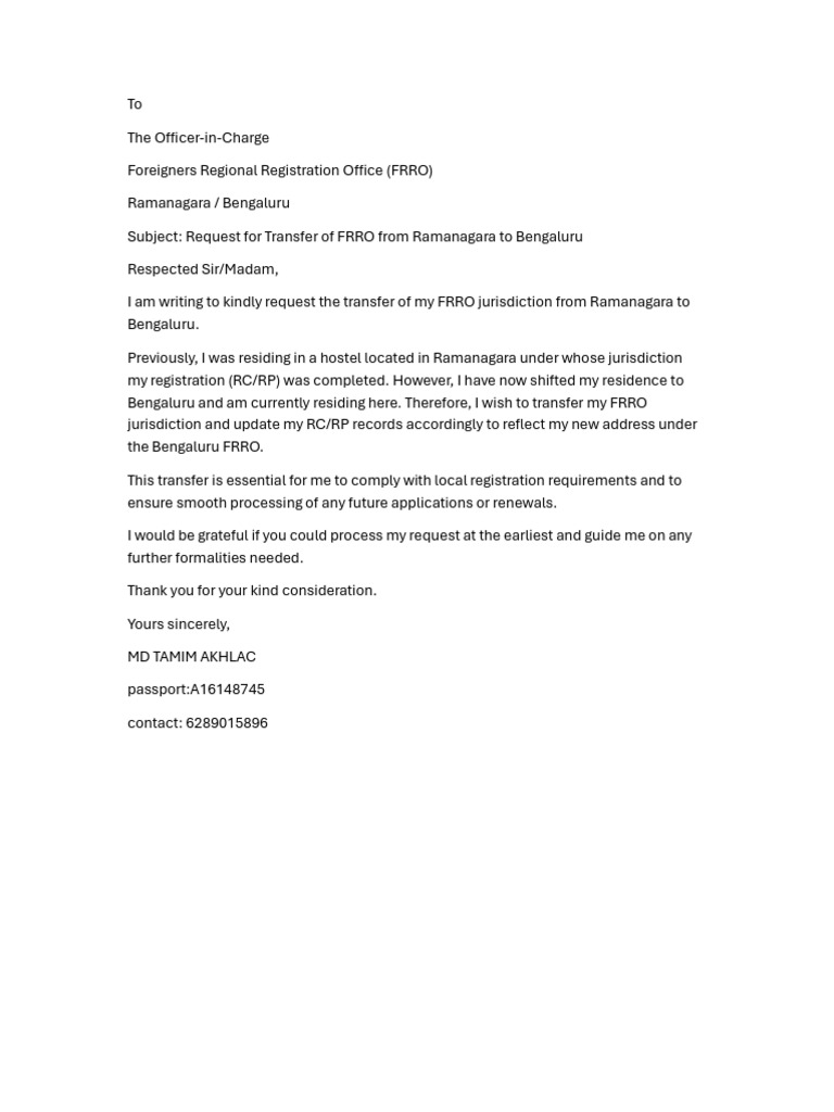 FRRO Transfer Request: Ramanagara to Bengaluru | PDF