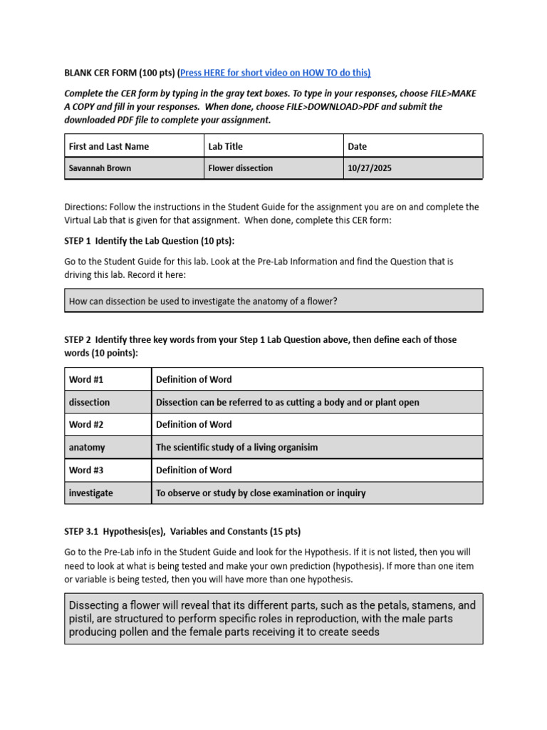 Flower Dissection CER Form Guide | PDF | Sexual Reproduction ...