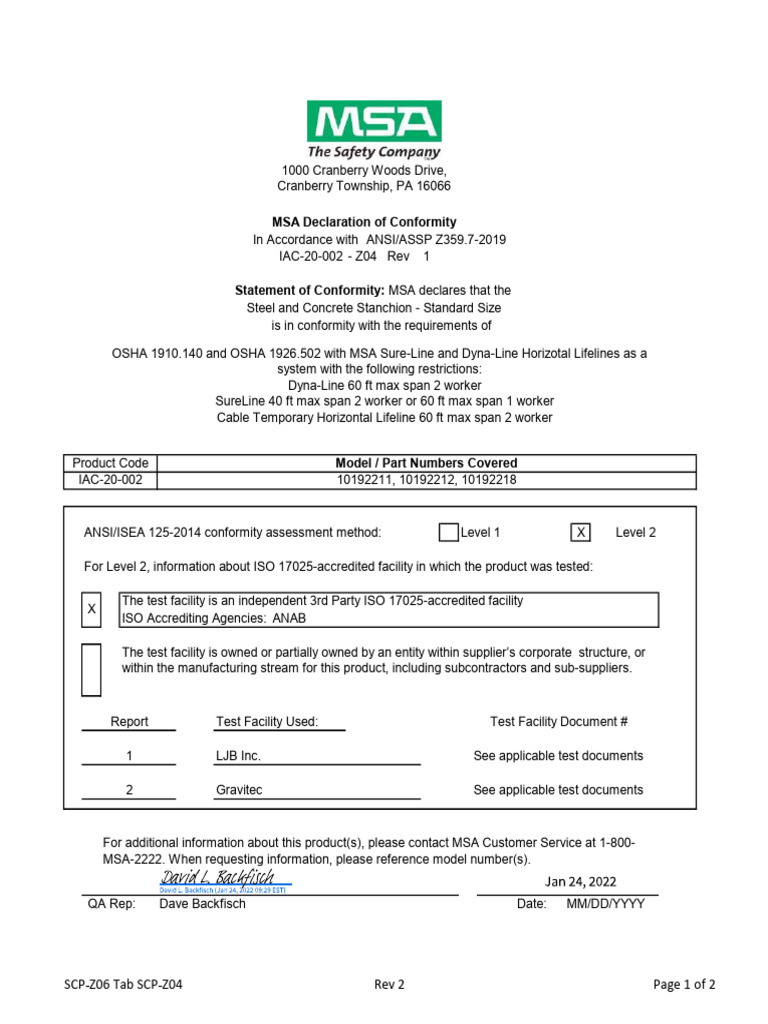 MSA Declaration of Conformity for Lifelines | PDF | Safety