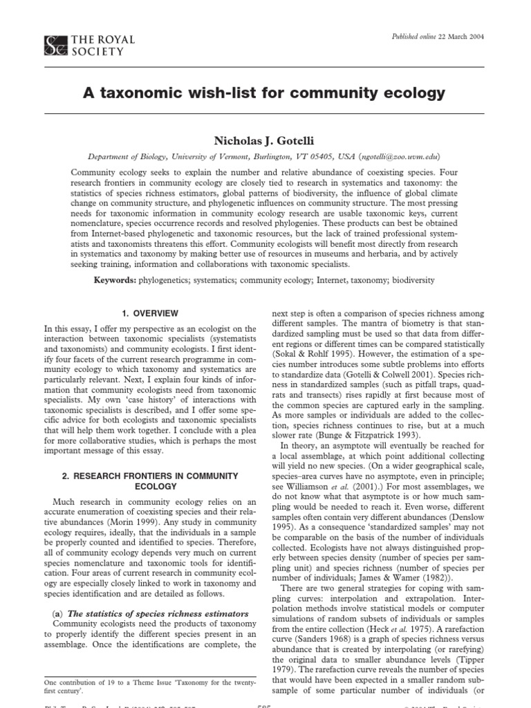 A Taxonomic Wish-List For Community Ecology: Nicholas J. Gotelli | PDF ...