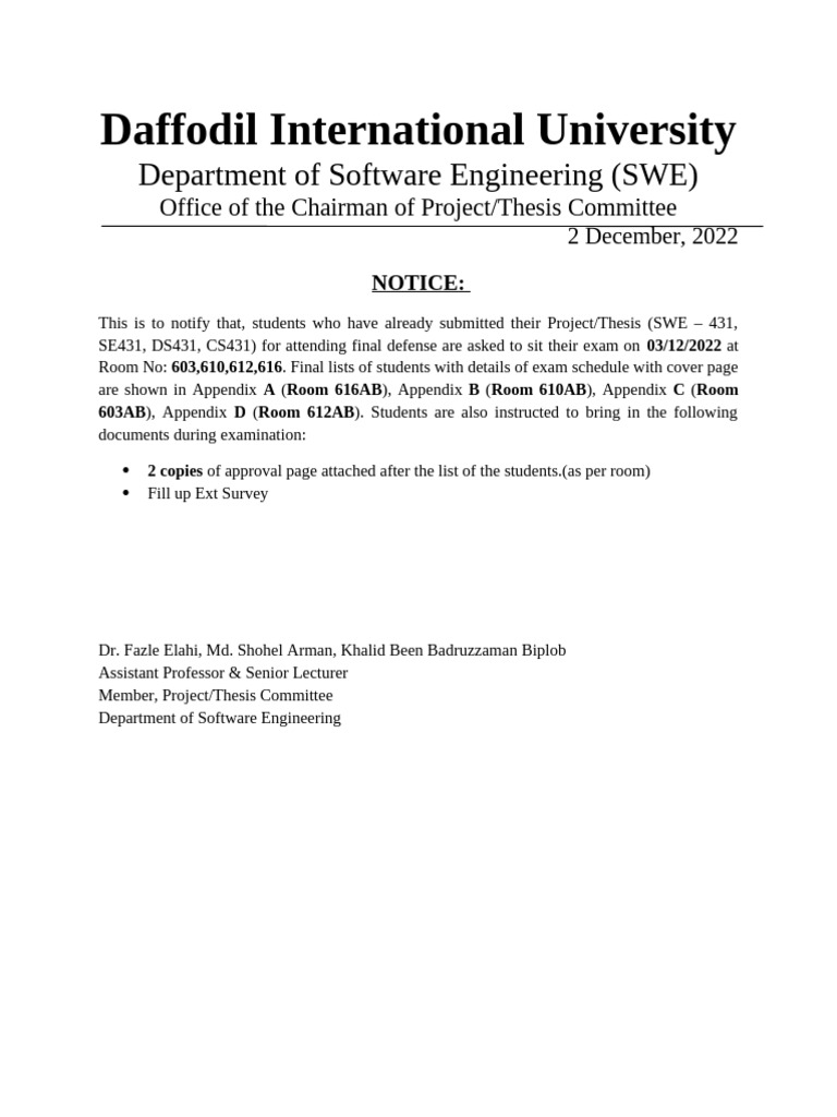 Notice For Final Defense Schedule With Approval Page - Fall 2022 | PDF ...