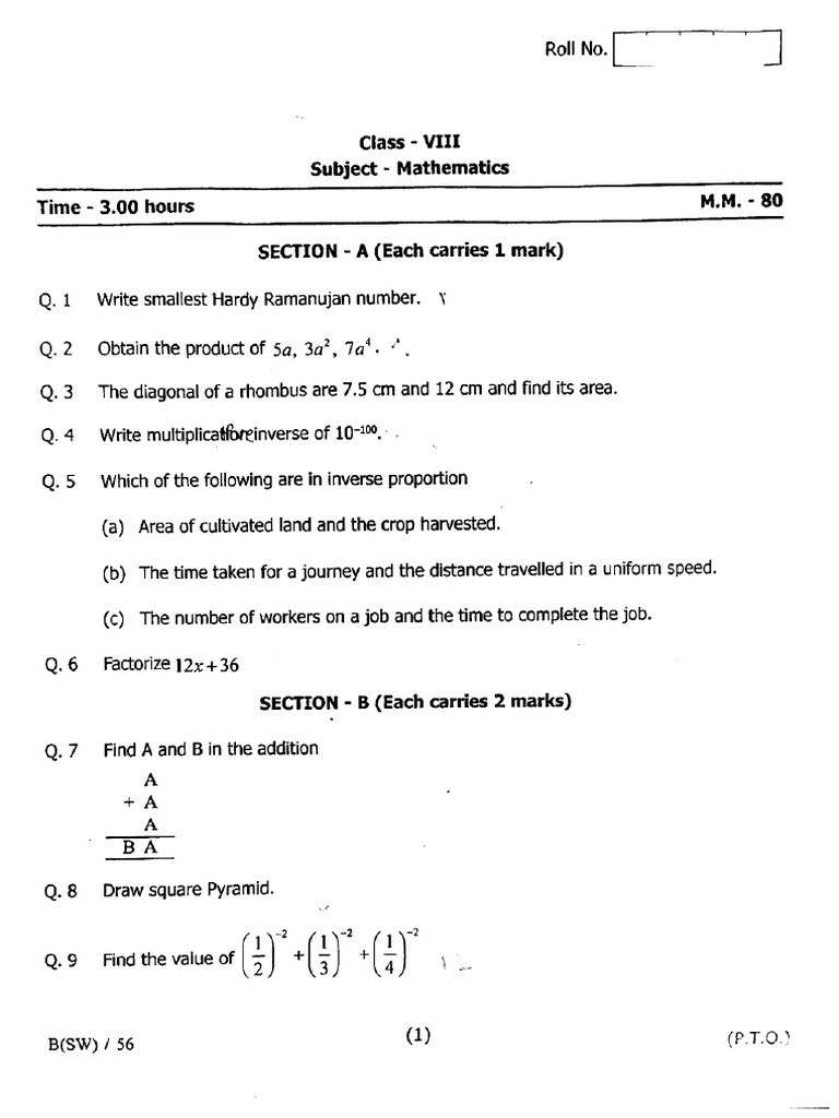 Sample Paper Class 8 Maths Set 2 | PDF
