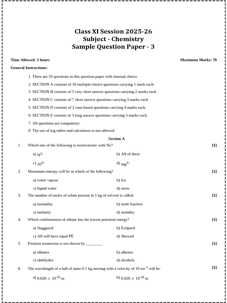 Class XI Chemistry Sample Paper 2025-26 | PDF | Dissociation (Chemistry ...