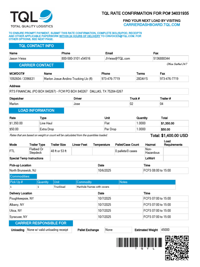 TQL Rate Confirmation PO# 34031935 | PDF | Per Diem | Freight Transport