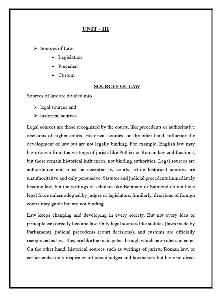 Unit - III - Jurisprudence | PDF | Precedent | Sources Of Law