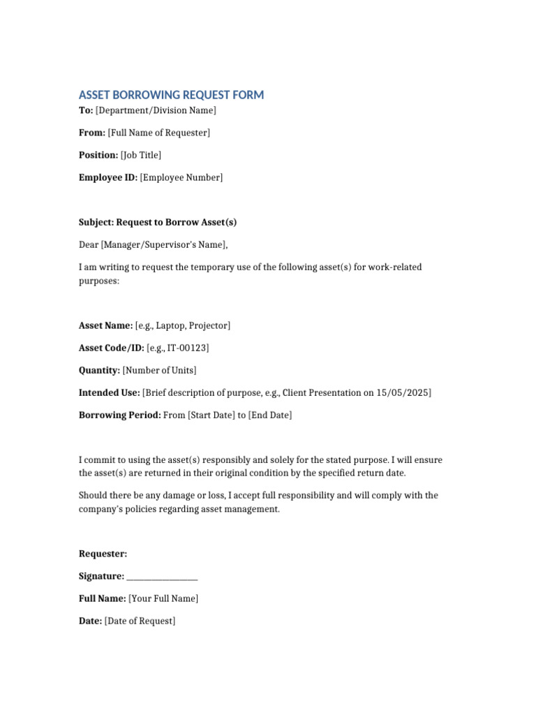 Asset Borrowing Request Form Template | PDF