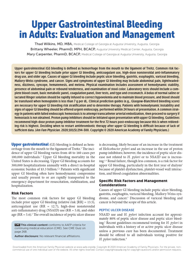 Upper Gastrointestinal Bleeding in Adults Evaluation and Management ...