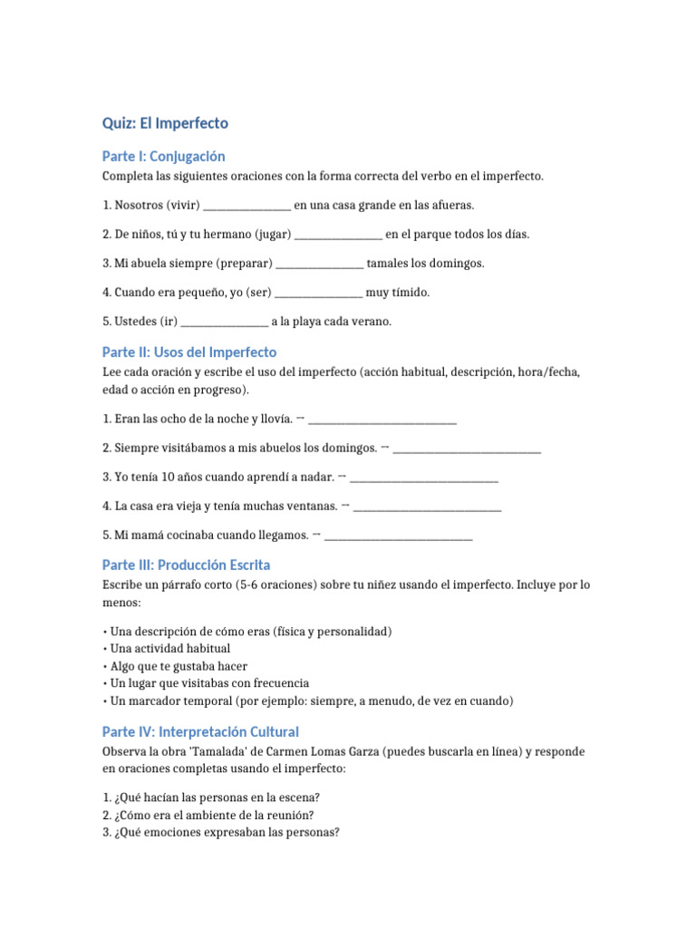 Quiz sobre el Imperfecto en Español | PDF