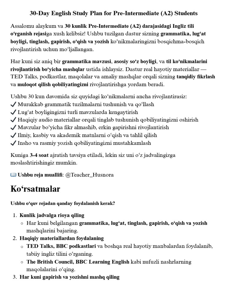 30-Day A2 English Study Plan | PDF | English Language | Vocabulary