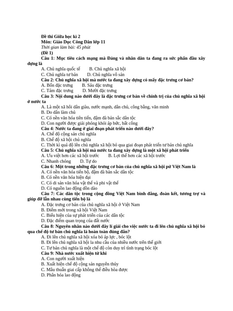 1.đề Thi GDCD 11 Giữa Học Kì 2 | PDF