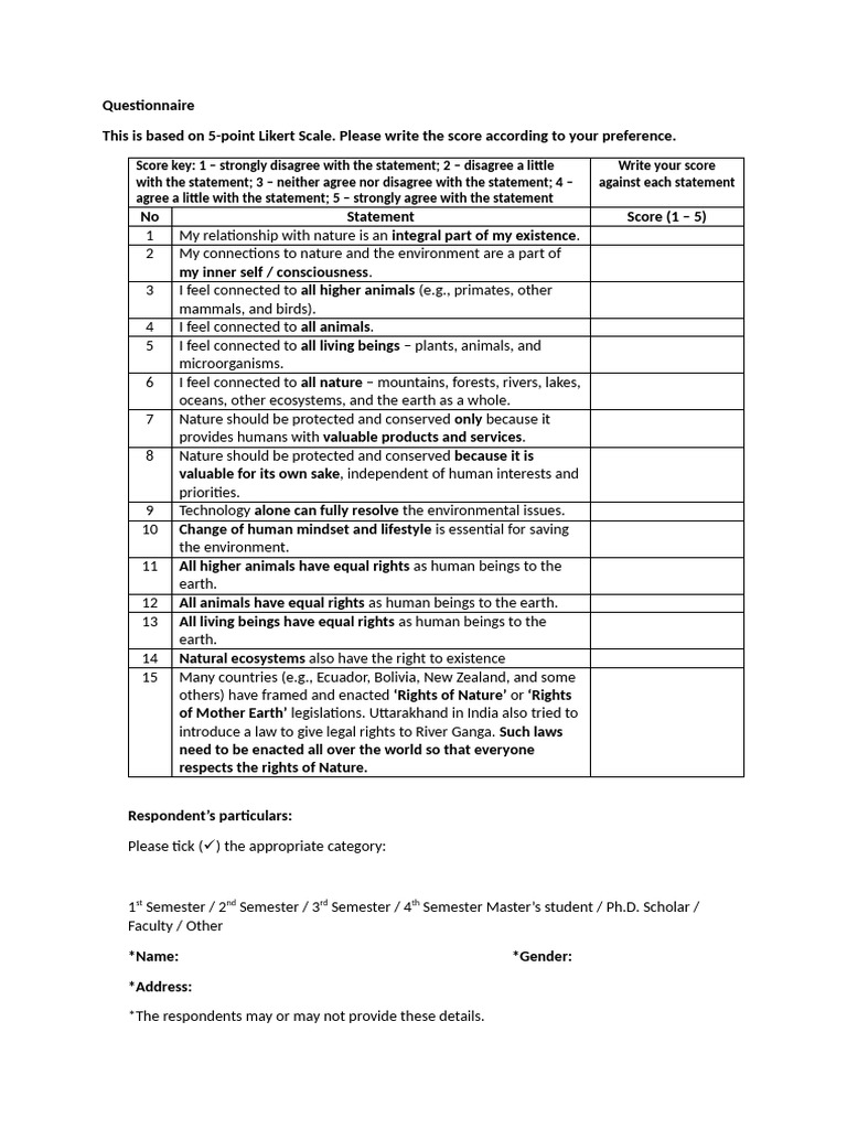 Nature Connection Likert Scale Questionnaire | PDF | Nature | Ecology
