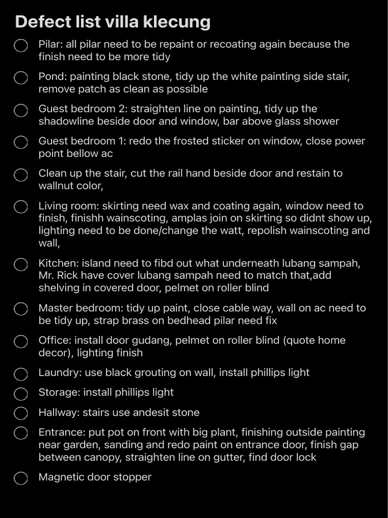 Villa Klecung Defect Repair List | PDF