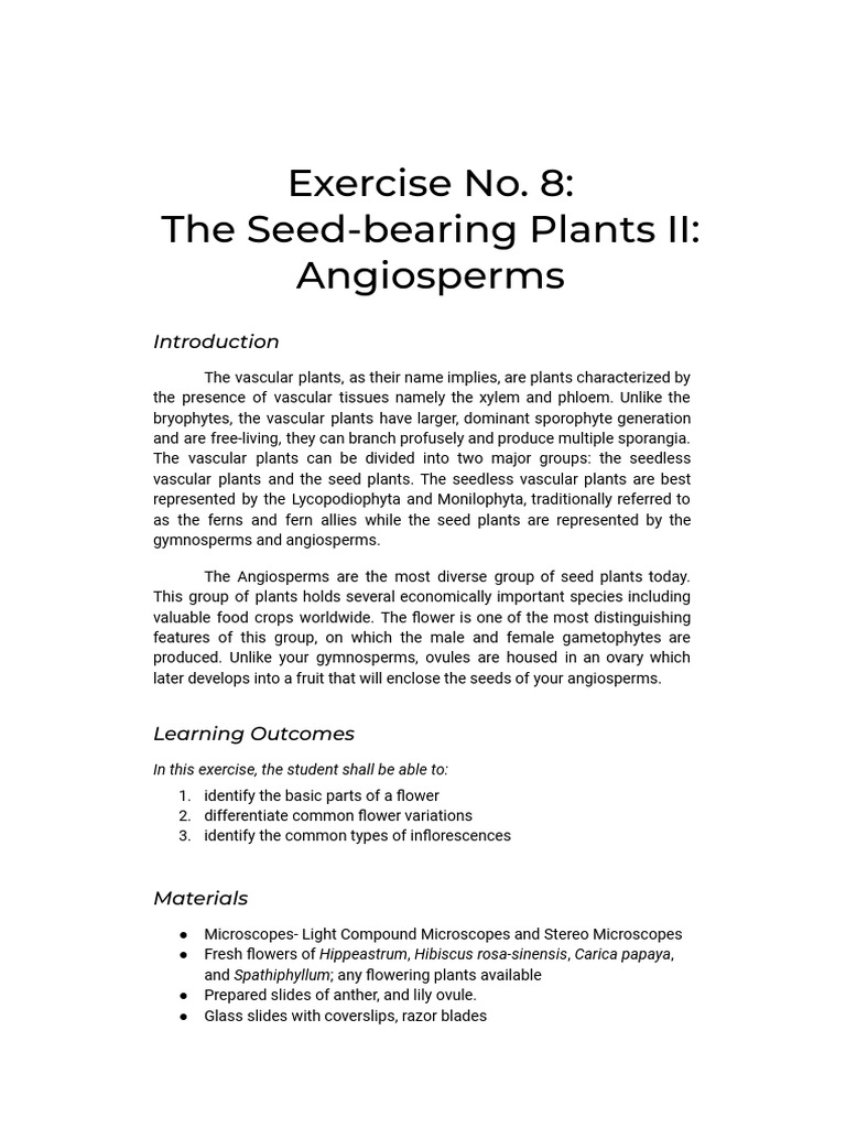Exercise 13 Flowers and Inflorescence (Angiosperms) | PDF | Flowers | Petal