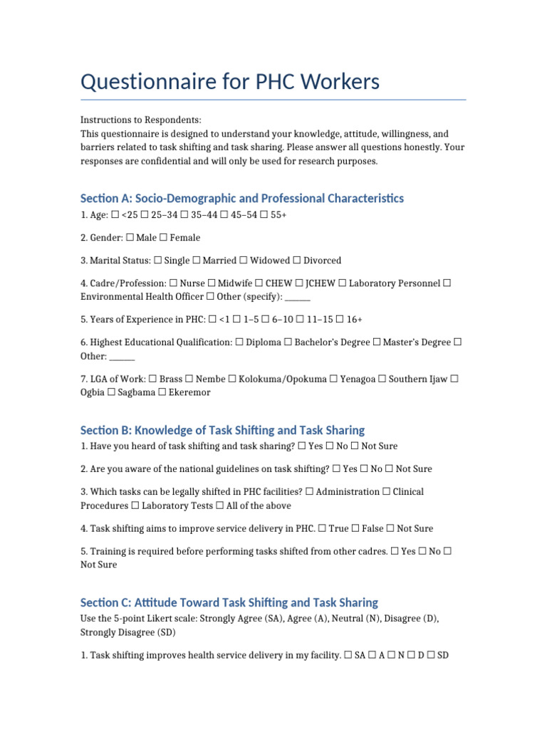 PHC Workers Task Shifting Questionnaire | PDF | Survey Methodology ...