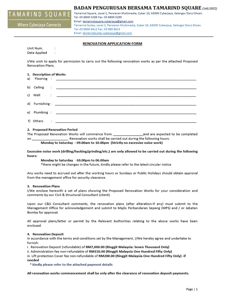 Tamarind Square Renovation Application Form | PDF | Indemnity | Private Law