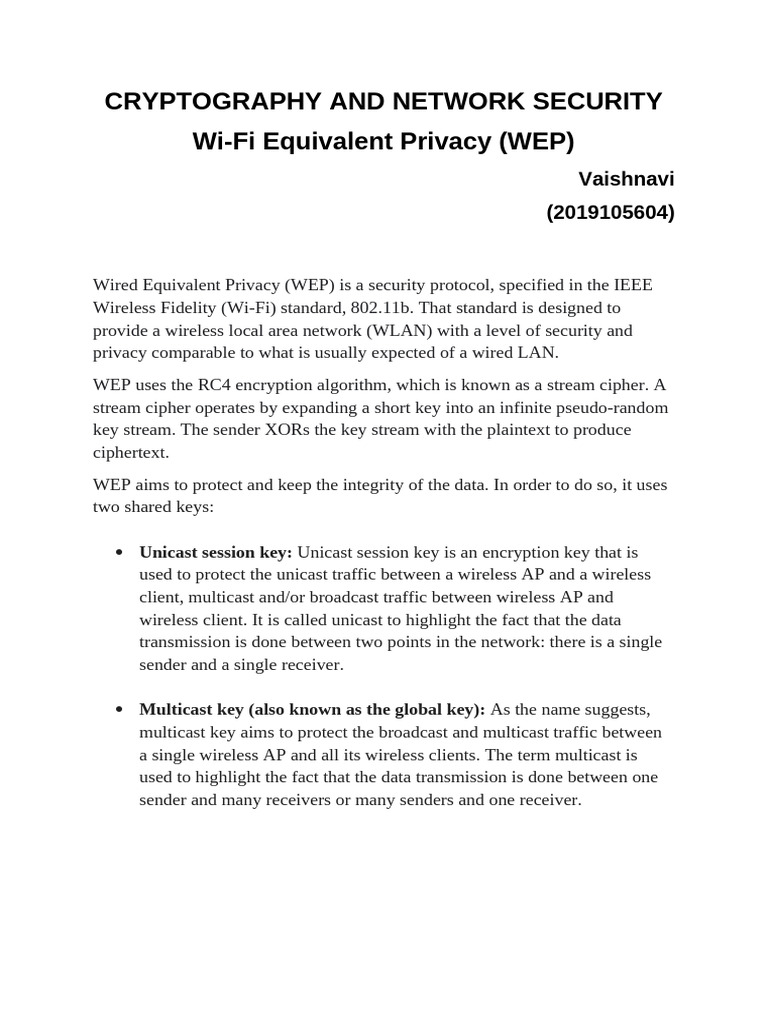 Cryptography and Network Security Wi-Fi Equivalent Privacy (WEP) | PDF ...