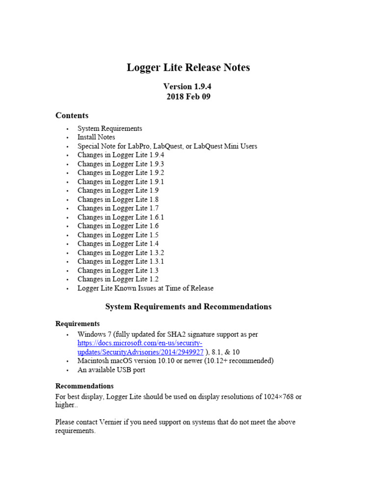 Logger Lite 1.9.4 Release Notes | PDF | Mac Os | Microsoft Windows