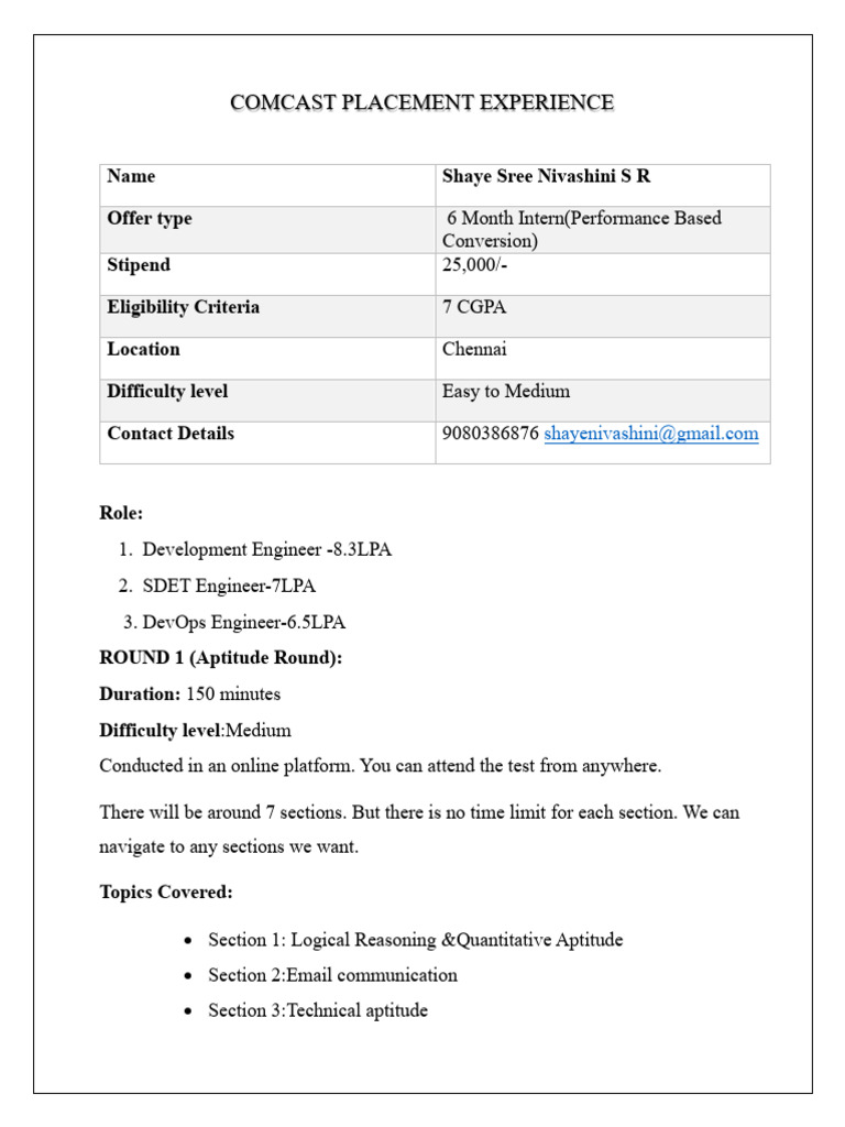 Comcast Internship Placement Experience | PDF | Databases | Class ...