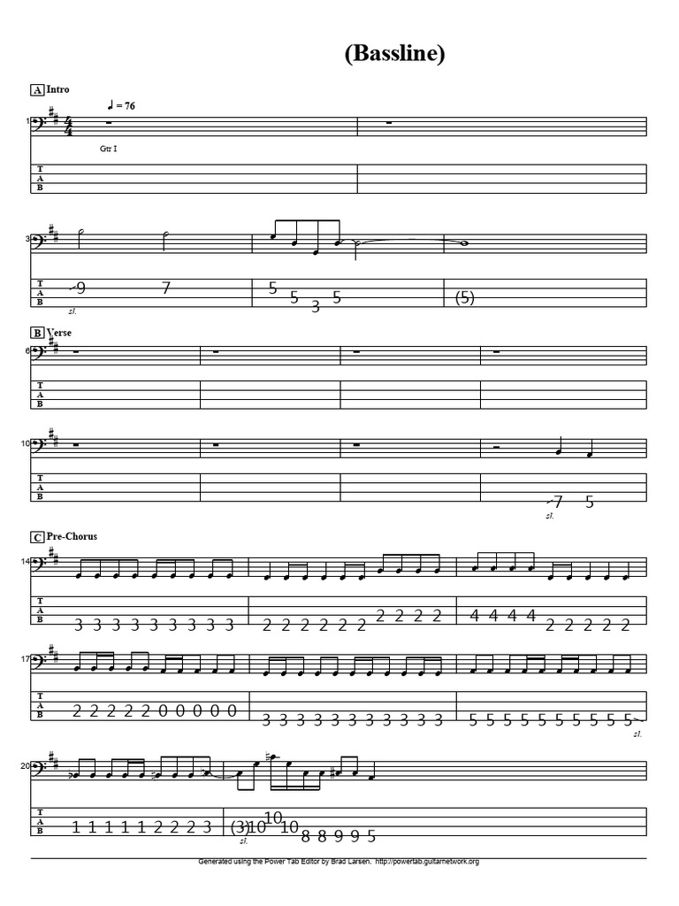 Bassline Power Tab Notation Guide | PDF | Songs | Musical Forms