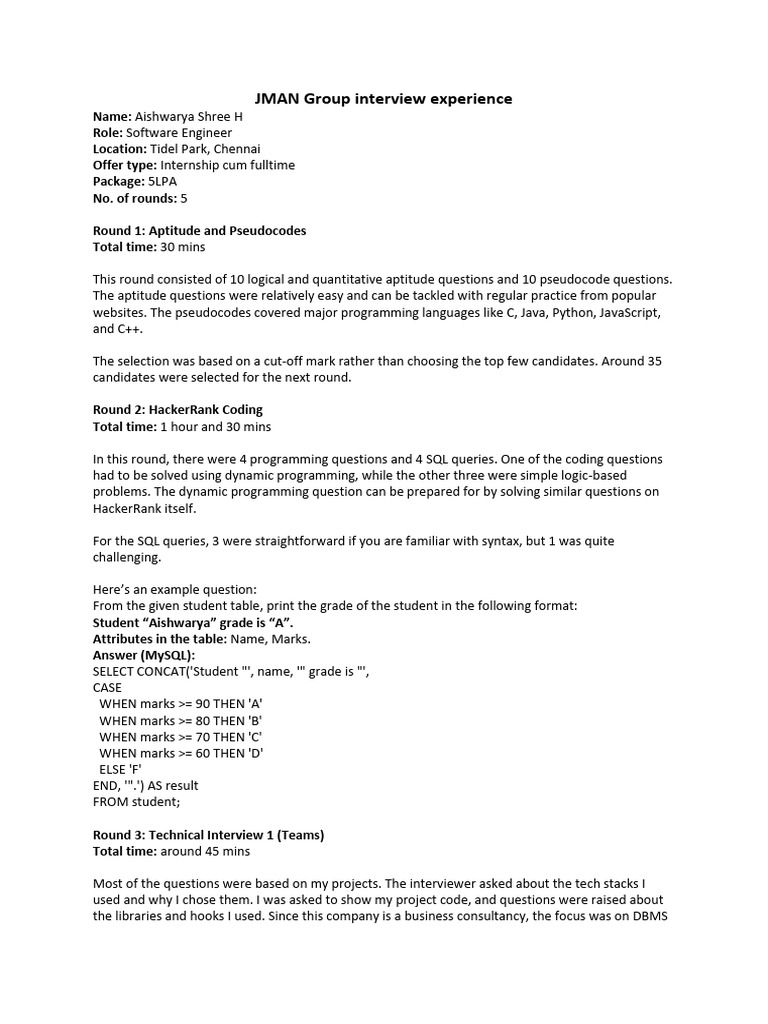 JMAN Group Software Engineer Interview Guide | PDF | Databases | Client ...