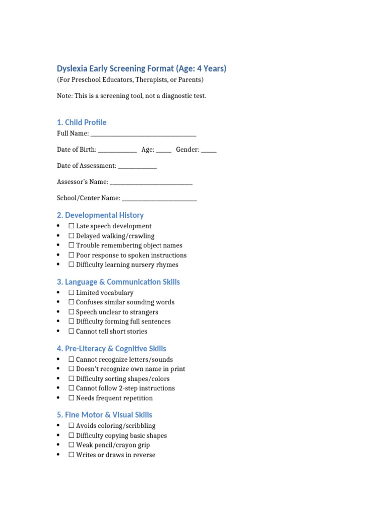 Dyslexia Assessment 4yr Child | PDF