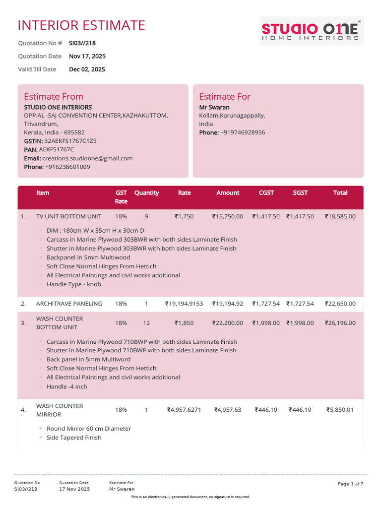 Interior Estimate Quotation for Mr. Swaran | PDF