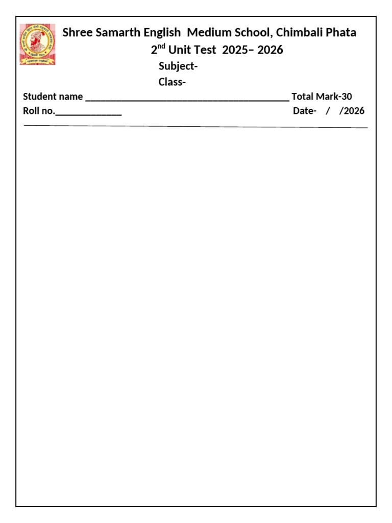 2025-2026 Unit Test Form - Shree Samarth School | PDF