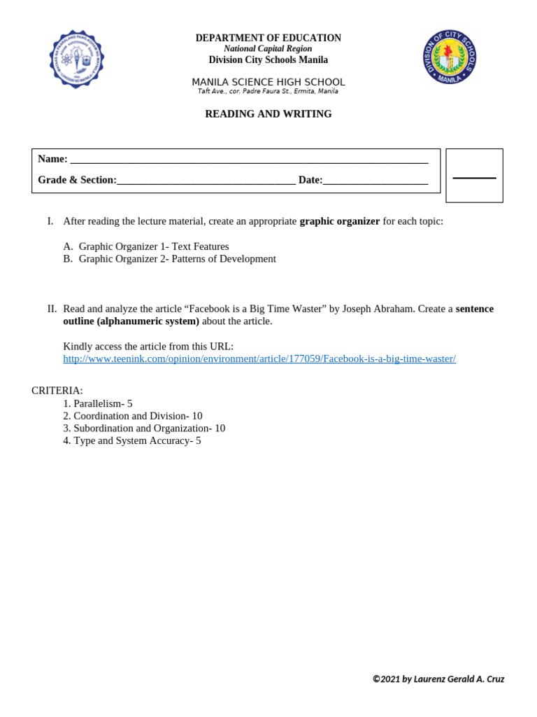 Graphic Organizers for Reading & Writing | PDF