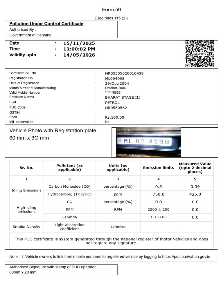 Vehicle Photo With Registration Plate 60 MM X 3O MM: Pollution Under ...