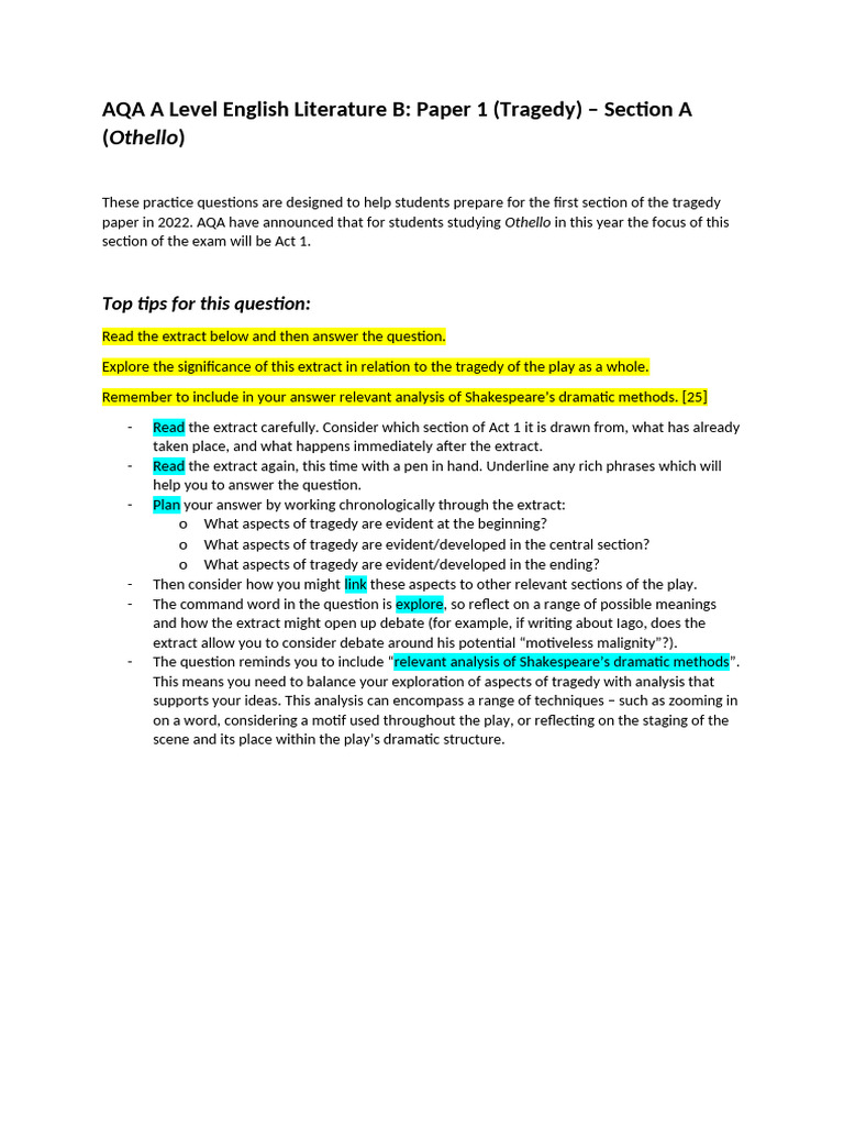 AQA Othello Act 1 Tragedy Questions | PDF | Othello | Iago