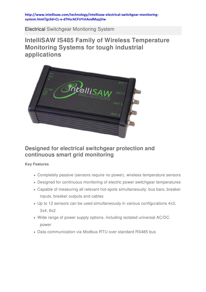 IntelliSAW Switchgear Monitoring System | PDF | Wireless | Power Supply