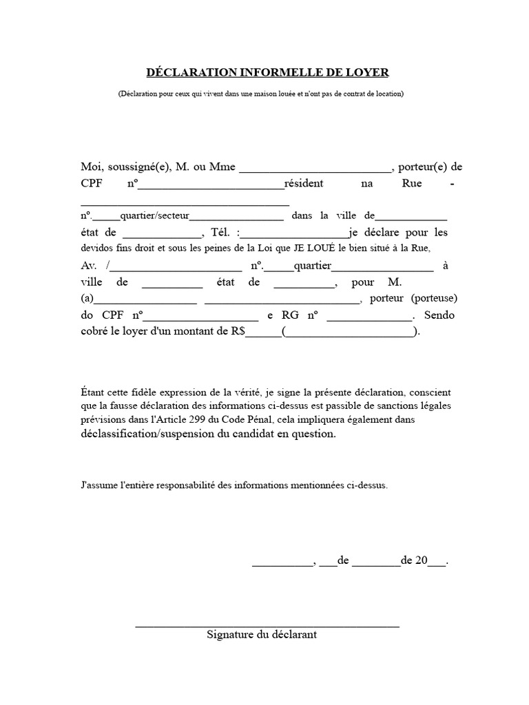 Déclaration Informelle de Loyer | PDF