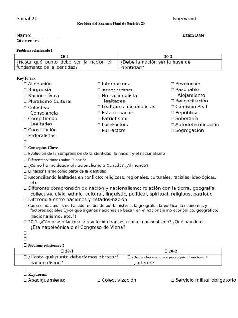 Revisión del Examen Final de Sociales 20 | PDF | Nacionalismo | Nación