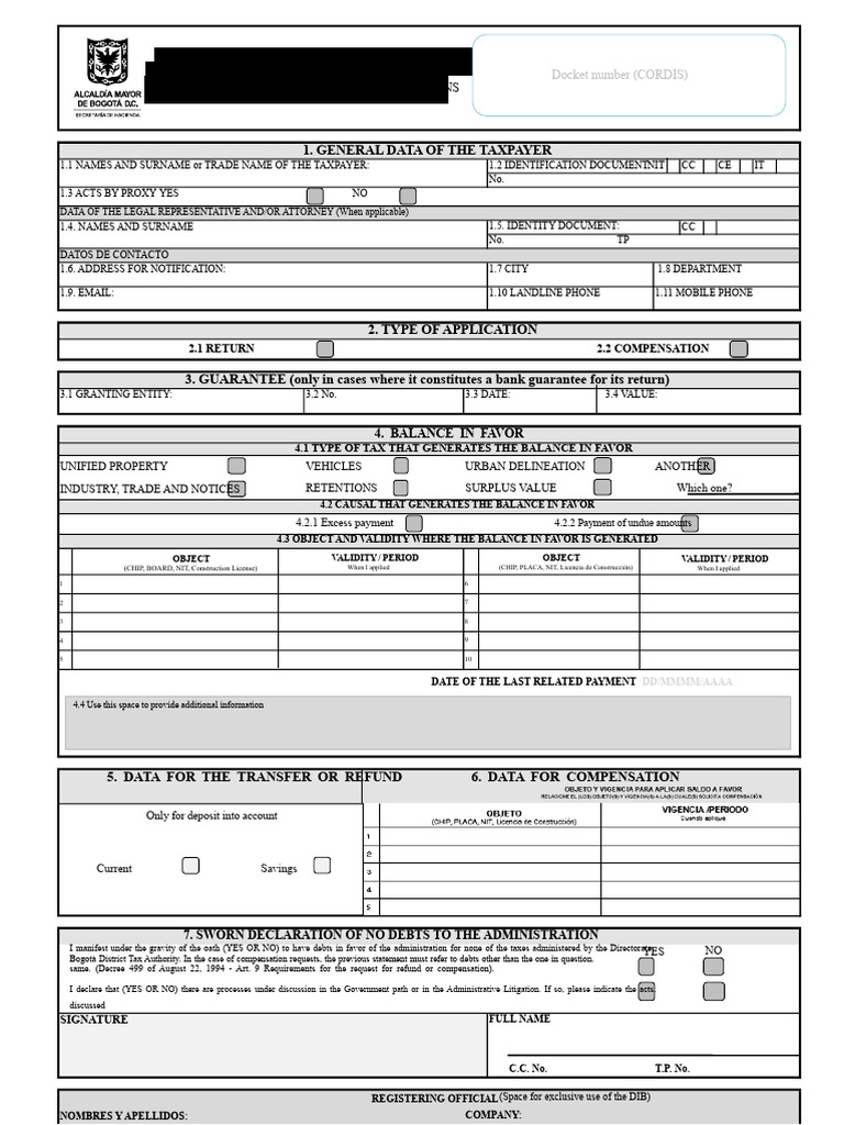 Bogotá Tax Refund Request Form | PDF | Identity Document