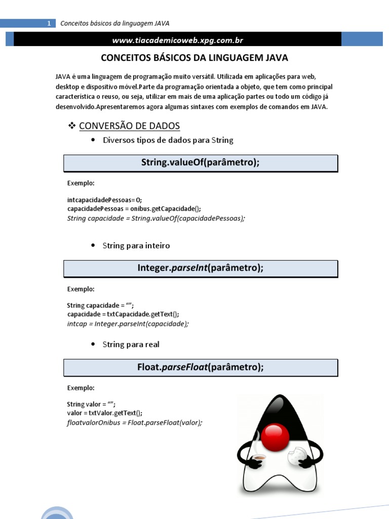 Tutorial JAVA - Conceitos Básicos | PDF | Parâmetro (programação de ...