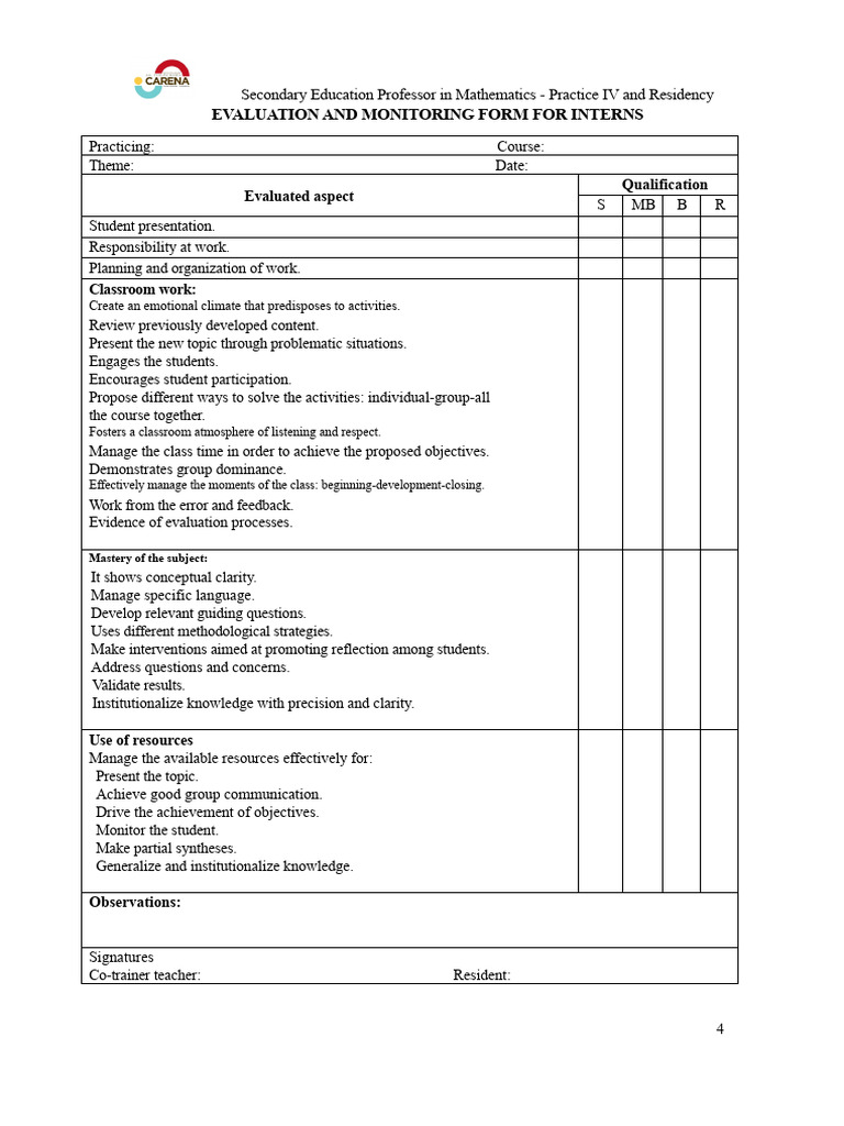 Intern Evaluation Form for Math Professors | PDF