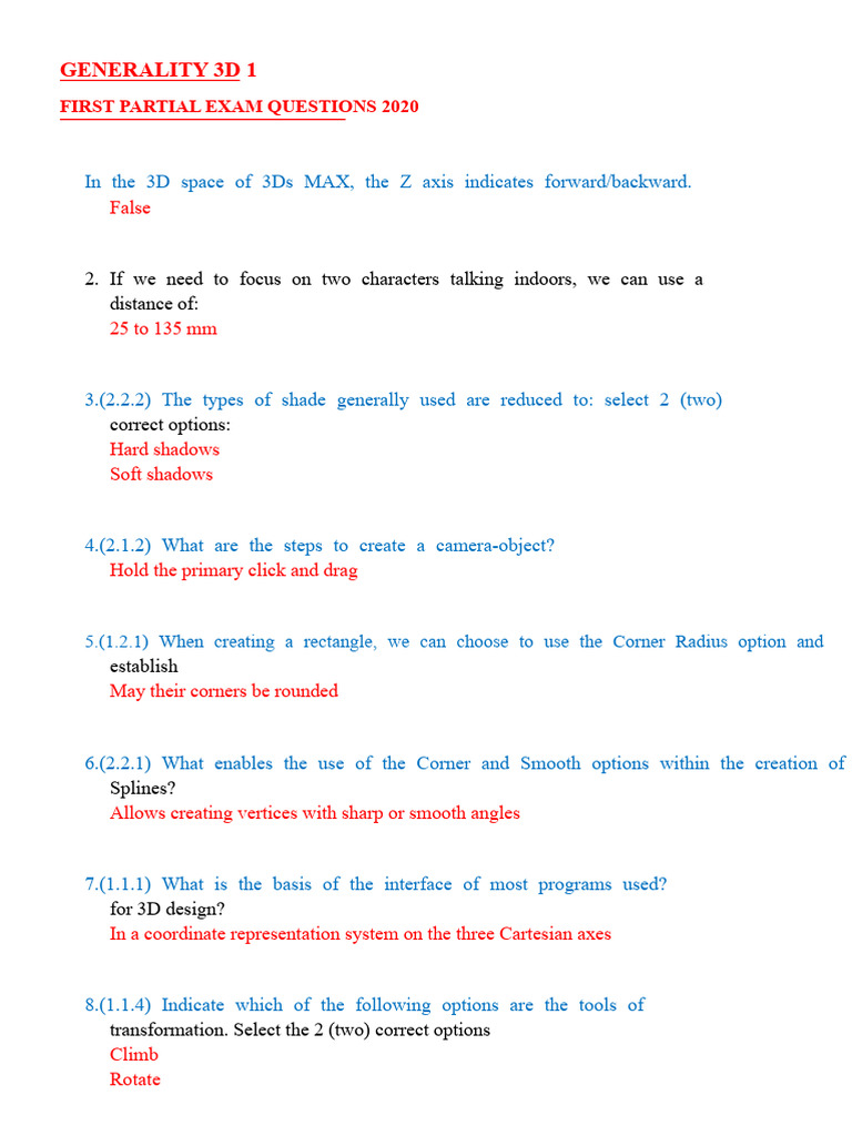 3Ds MAX Partial Exam Questions 2020 | PDF | Autodesk 3ds Max | 3 D ...