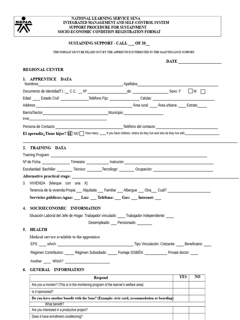 SENA Socioeconomic Support Registration Form | PDF | Apprenticeship