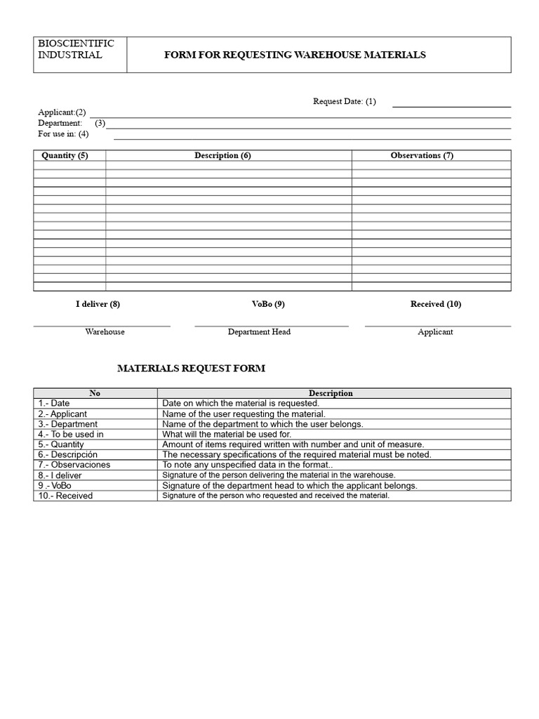 F-CA-001 Warehouse Materials Request Form | PDF