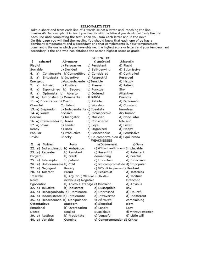 Personality Test 2 With Solutions | PDF | Temperament | Extraversion ...