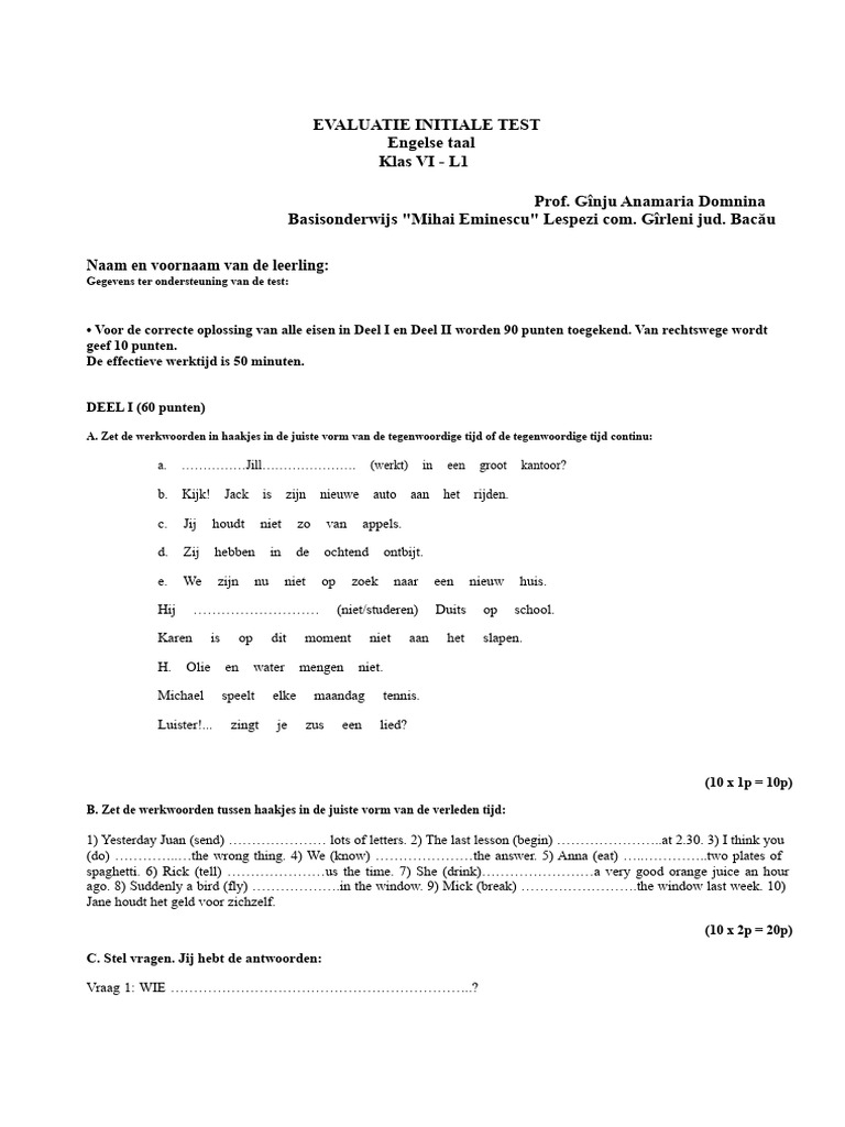 Engels_klas 5_test Initiëel 1 | PDF