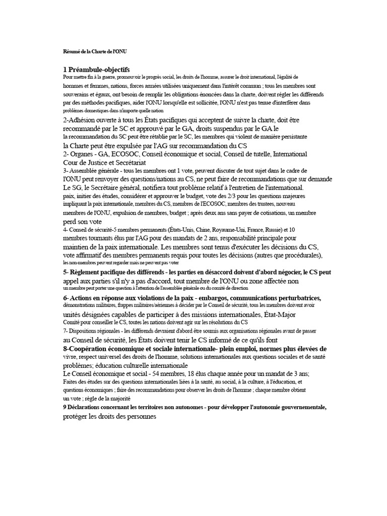 Résumé de la Charte de l'ONU | PDF | Nations unies | Relations ...