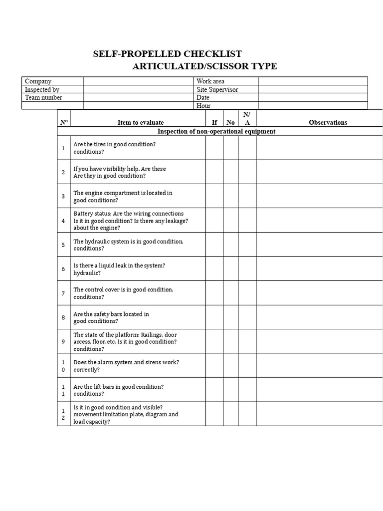 Self-Propelled Equipment Inspection Checklist | PDF | Leak | Elevator