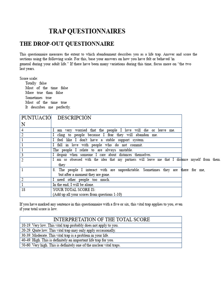 Life Trap Questionnaires for Self-Assessment | PDF | Questionnaire ...